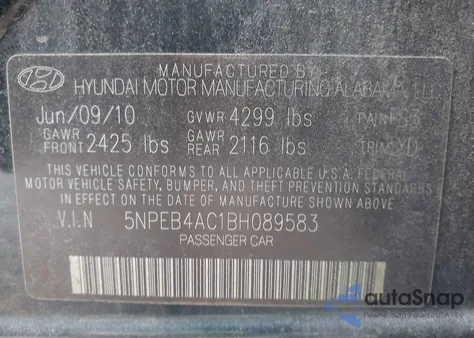 2011 Hyundai Sonata Gls from USA, damaged, VIN 5NPEB4AC1BH089583